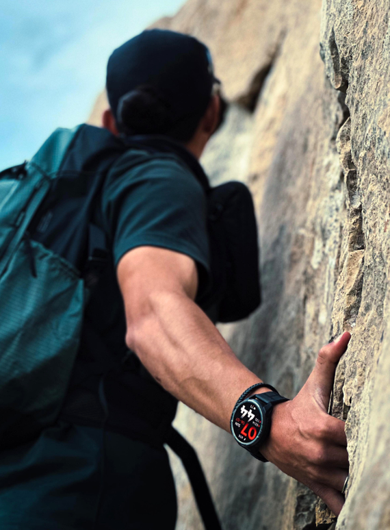 Athlete using HAYLOU Solar Ultra GPS smartwatch outdoors